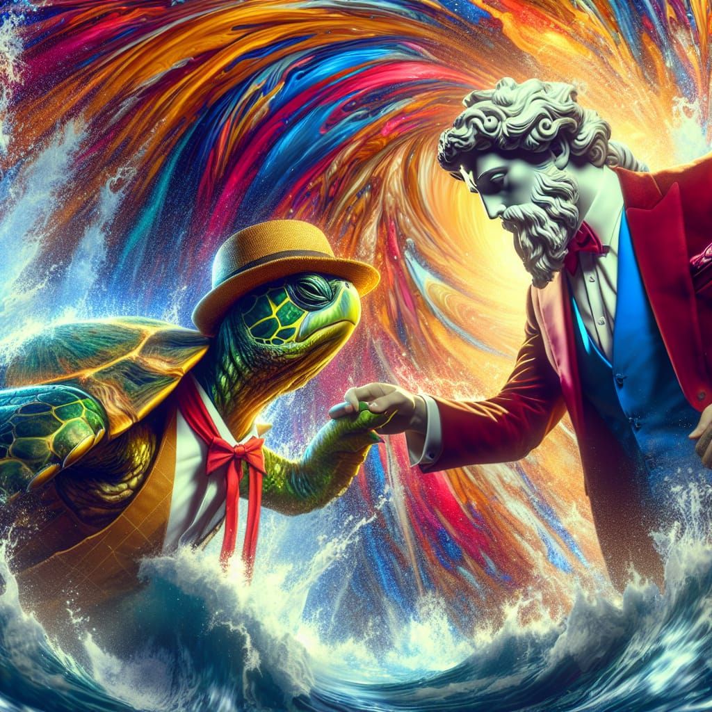 Fashionable Turtle Bows to Neptune in Splash Art