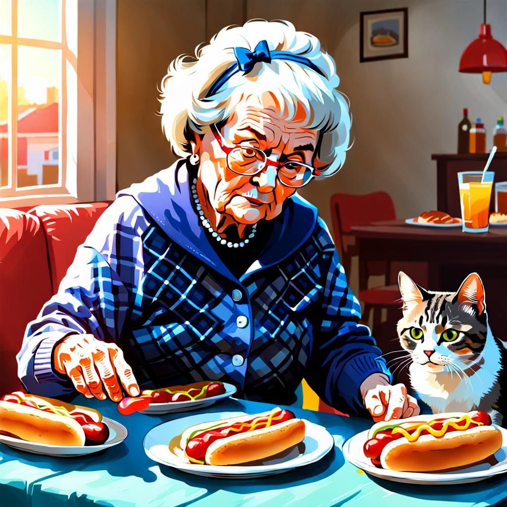 Grandma Shares Hot Dogs With Her Cat