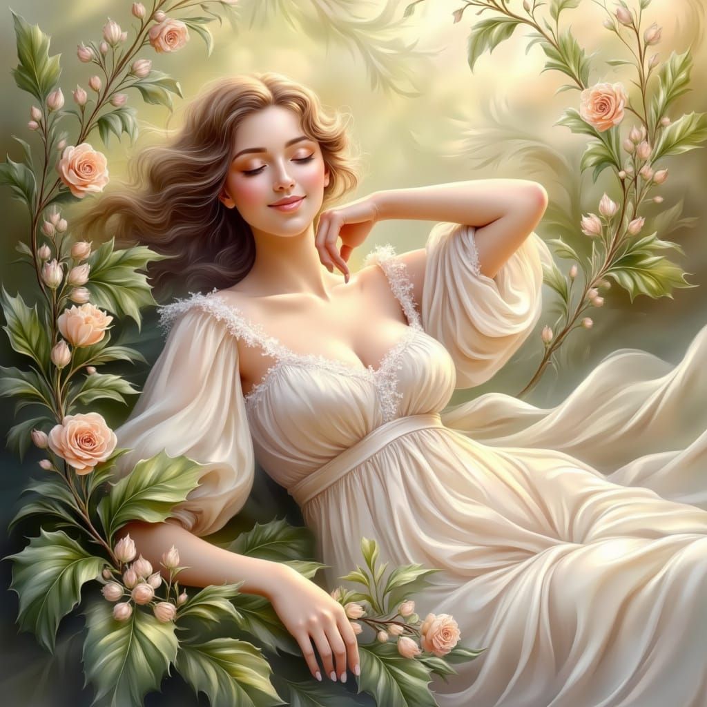 Ethereal Renaissance Woman Awakens in Springtime
