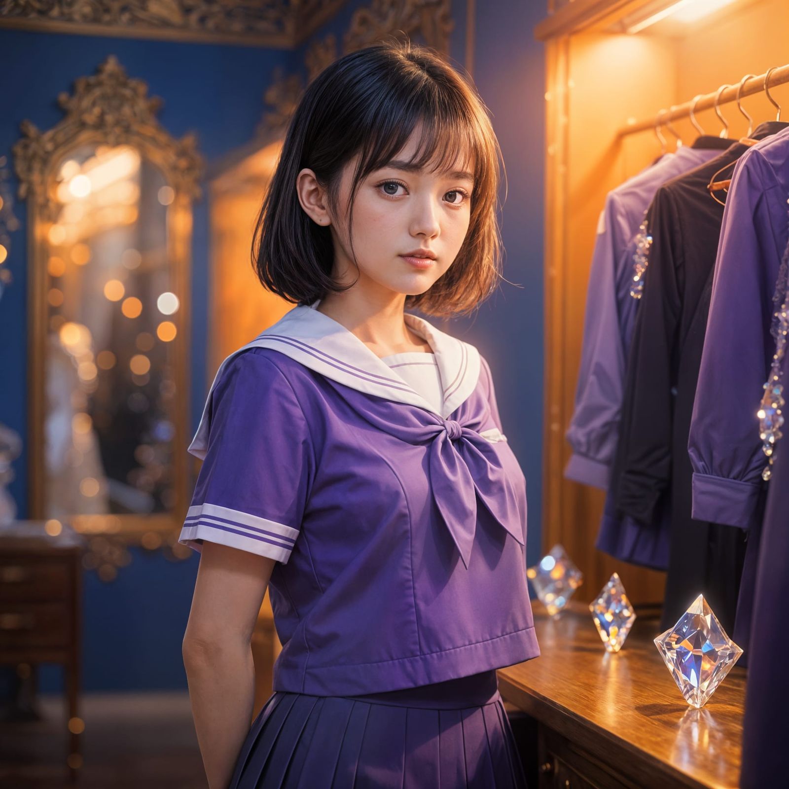 Beautiful Japanese Girl in Violet Uniform