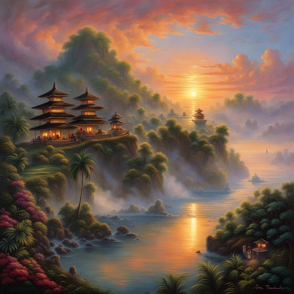 Sunset in Bali with Couple and Dog in Ethereal Style