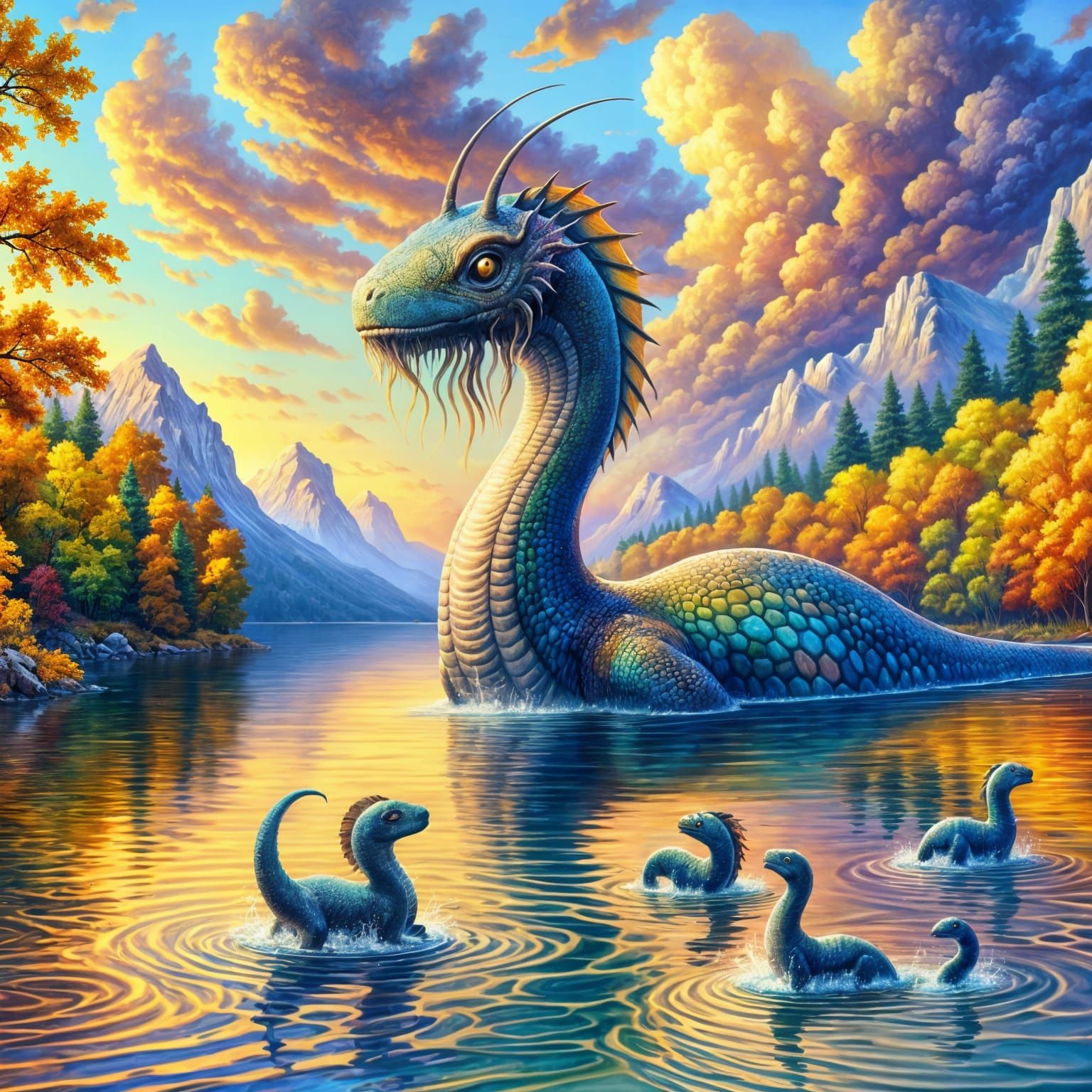 Loch Ness Monster Family in Autumn Sunset