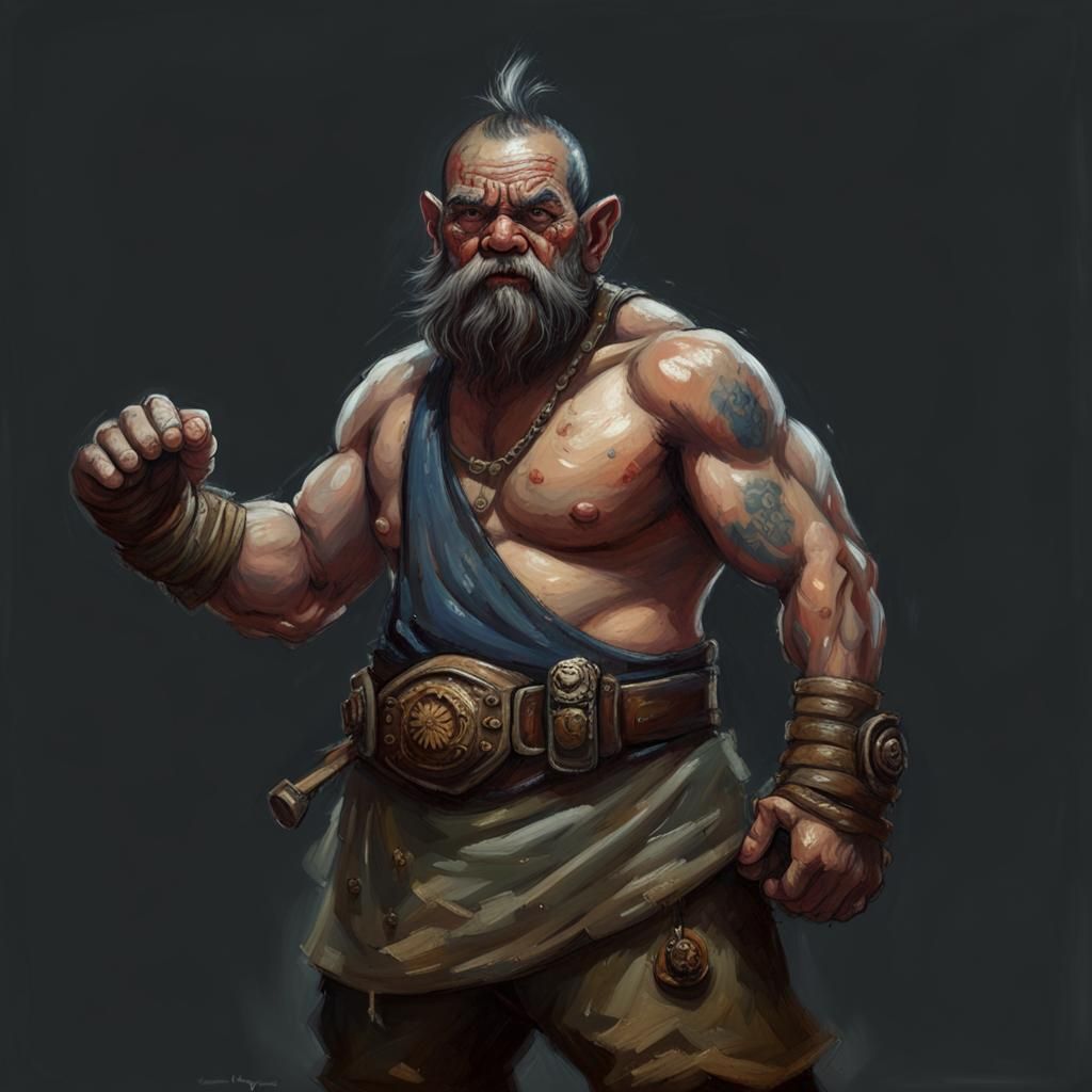 Dwarf Thai Boxer in Post-Apocalyptic Oil Painting