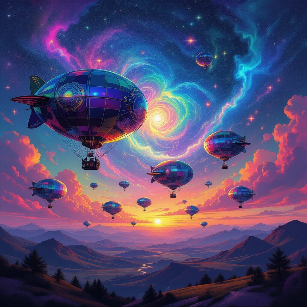 Psychedelic Zeppelins in Cosmic Sky, Digital Art
