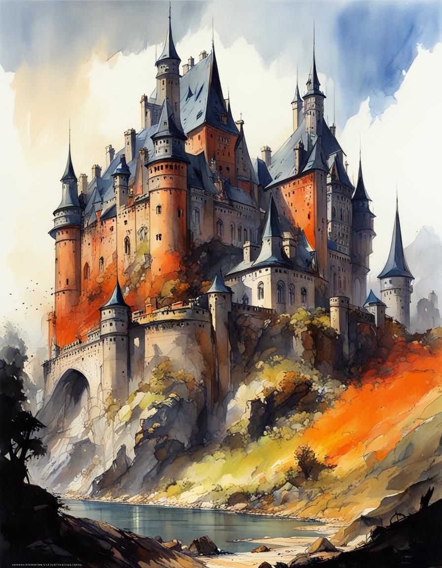 German Castle with Bold Watercolor Design