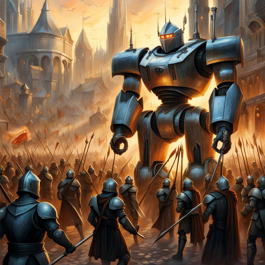 Futuristic Robot Confronts Medieval Mob in Watercolor