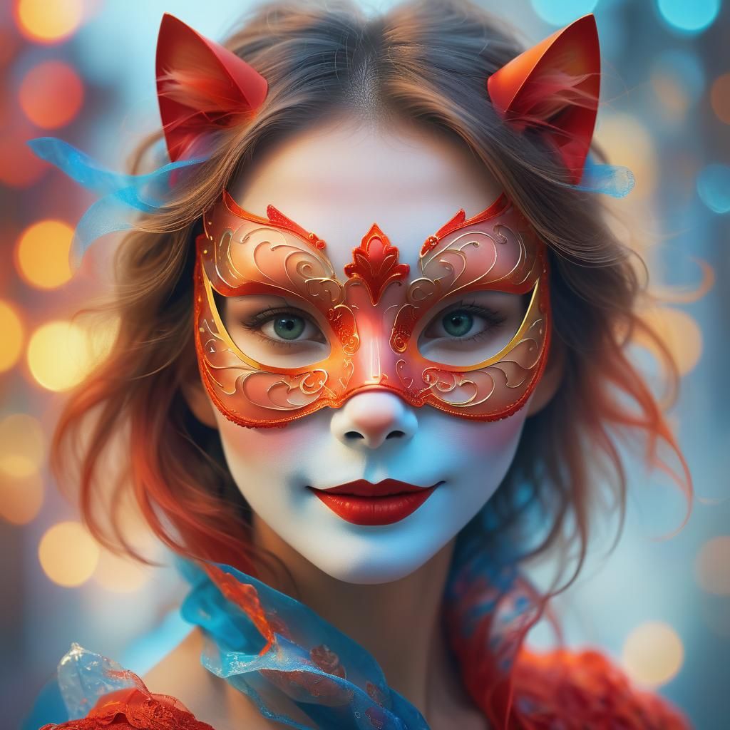 Woman in Red Feline Mask: Surreal Digital Art