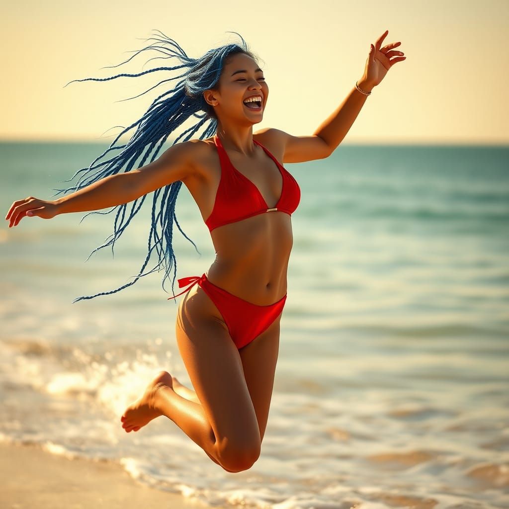 Joyful Woman with Blue Braids on Beach