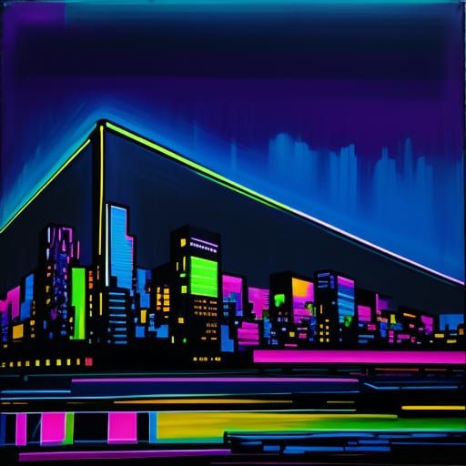 Expressionist Cityscape with Neon Circuitry and Vivid Colors