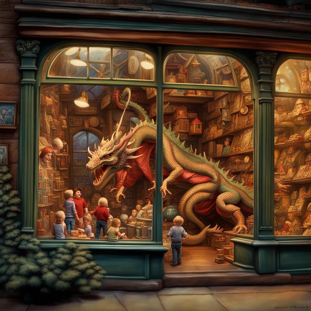 Magical 1980s Toy Store with Plush Dragon