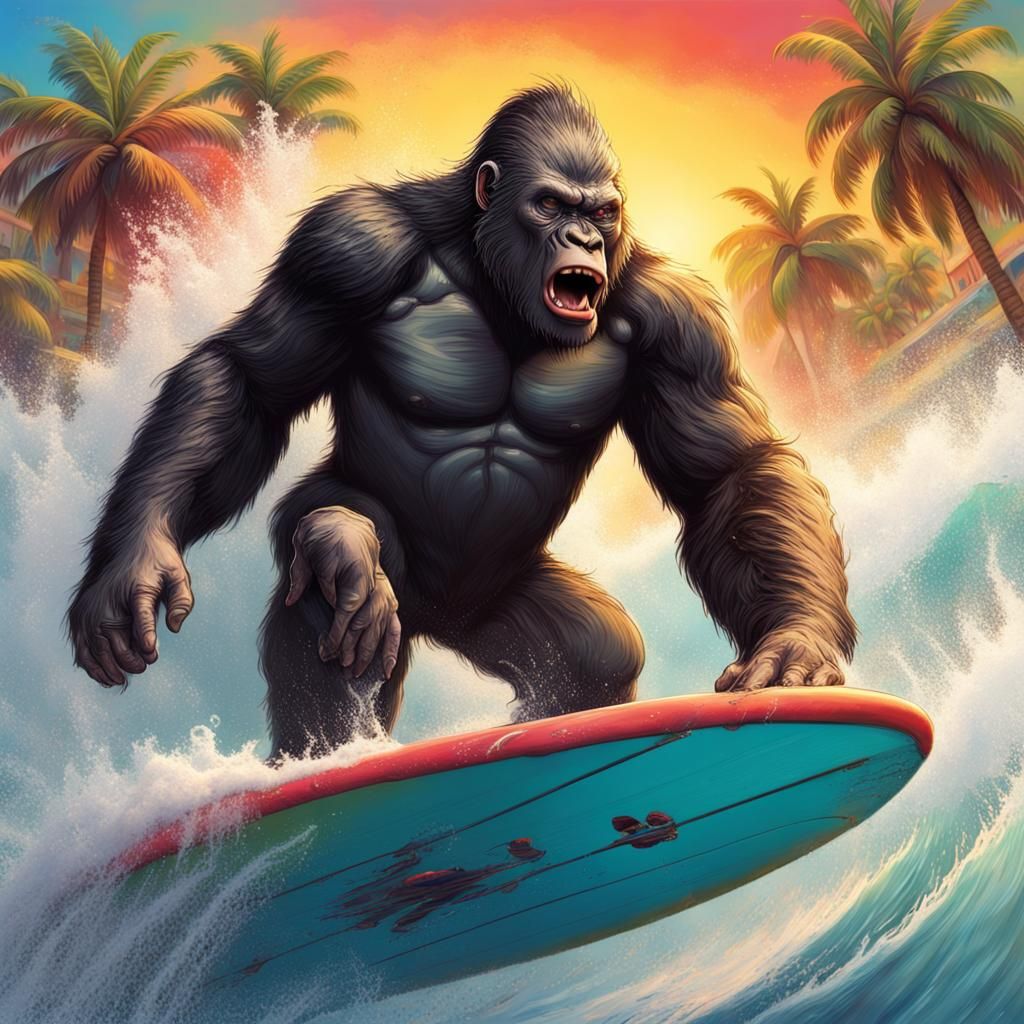 King Kong Surfing: Hyperrealistic Splash Art