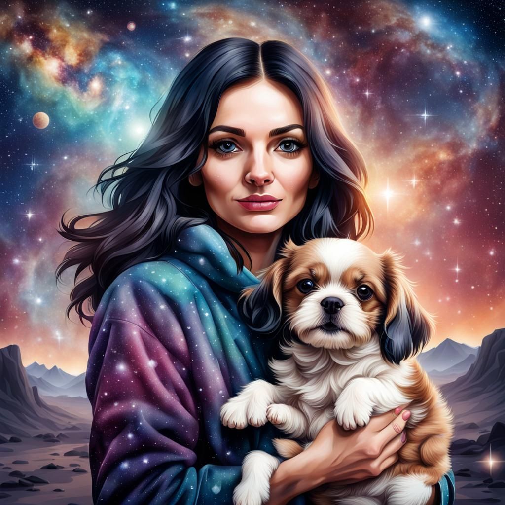 Young Woman and Dog with Astrological Background