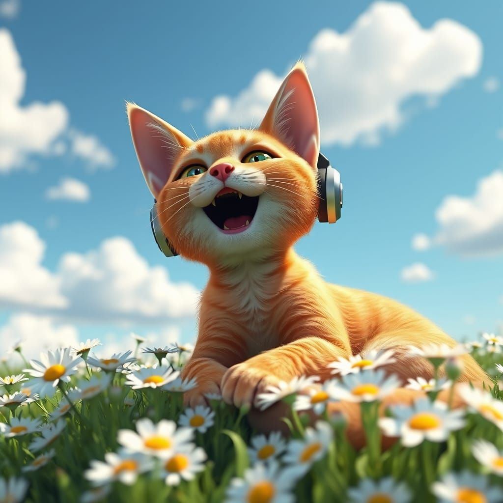 Happy Cat Singing in a Daisy Meadow as 3D Render