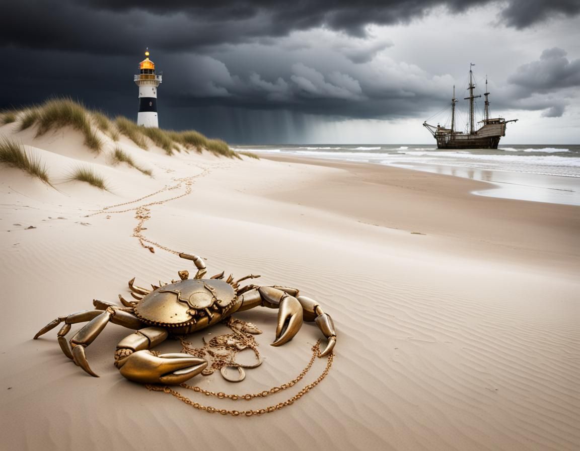 Treasure Buried in Sand with Galleon and Lighthouse