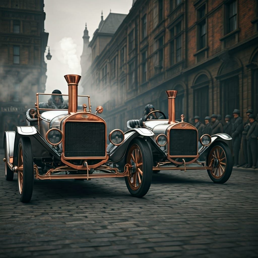 Steampunk Ford Race Through Victorian Cityscape