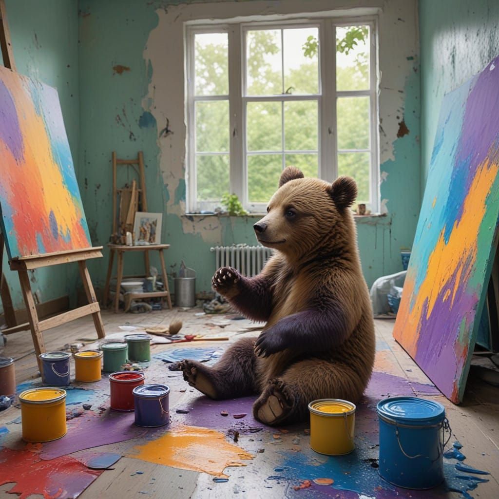 Impressionist Bear Cub Paints Masterpiece in Art Studio