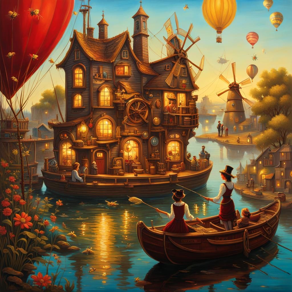 Steampunk Watercraft Scene in Detailed Matte Painting