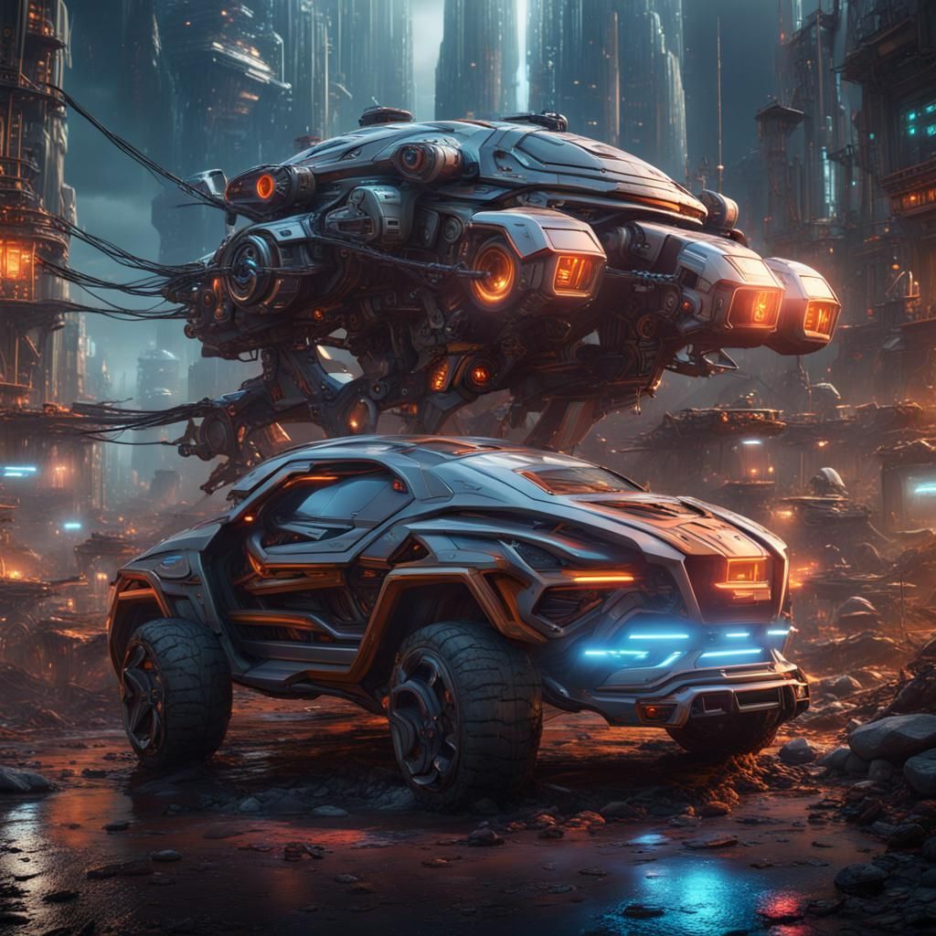 Sci-Fi World with Cars and Robots in Detailed Painting