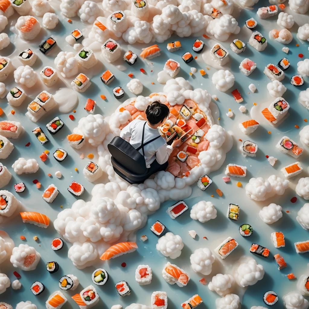 Dreamlike Fantasy Photo of Person Floating Among Sushi Cloud...