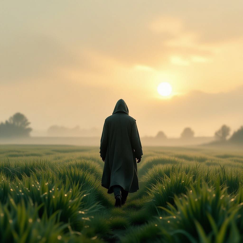 Lone Figure Walks at Dawn in Somber Mystical Style