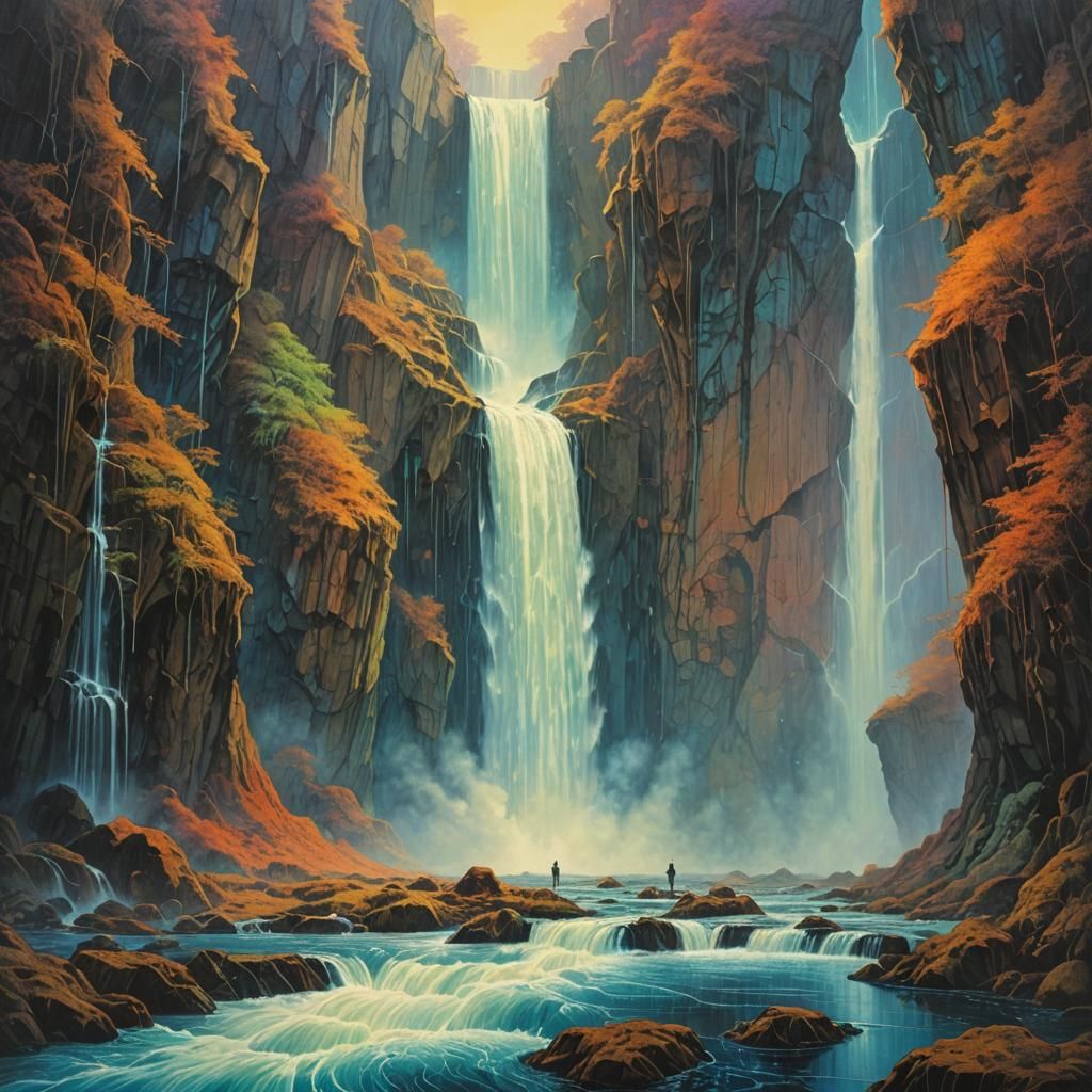 Epic Futuristic Waterfall in Bold Colors
