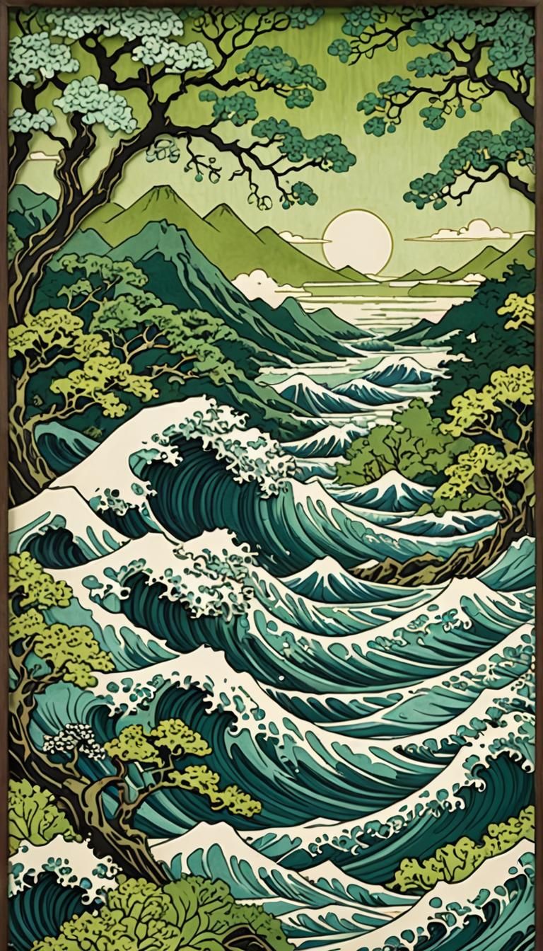 Green Landscape Under Hokusai Wave in Japanese Woodcut Style