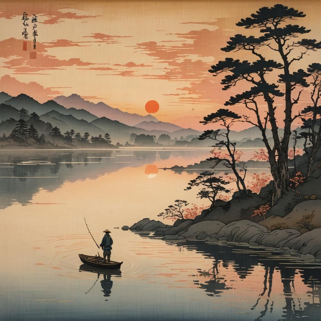 Fisherman at Sunset in Ukiyo-e Style