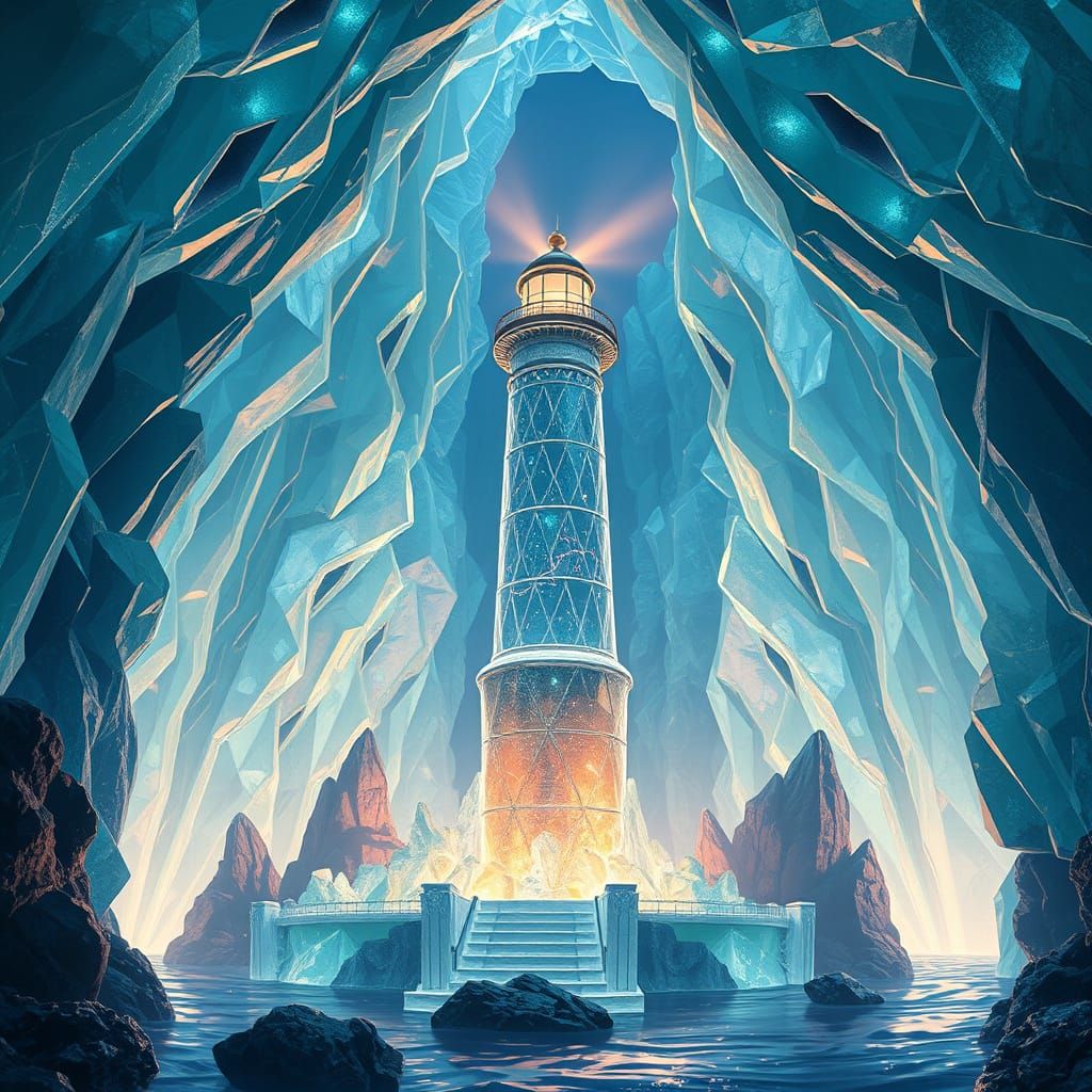 Glowing Crystalline Lighthouse in Underwater Crystal Cave