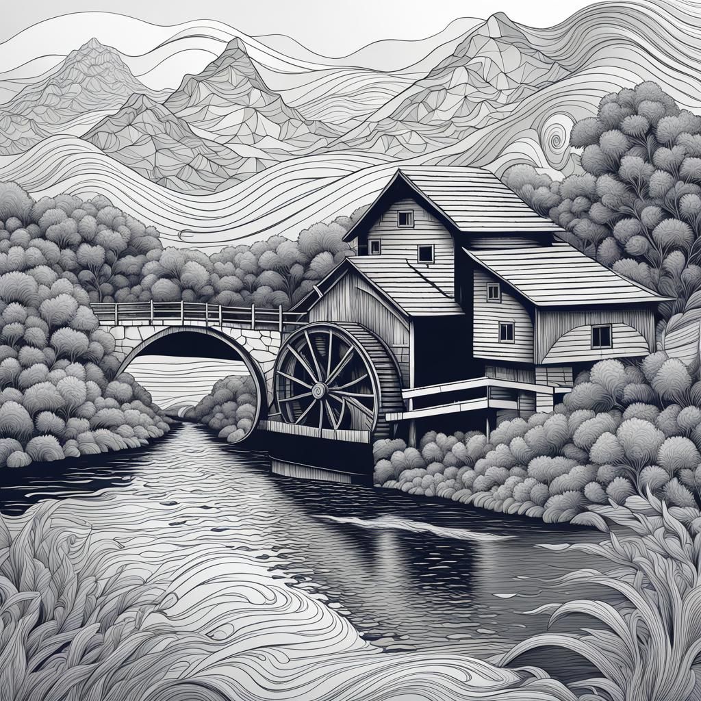 Scenic Water Mill with Mountain View in Abstract Style