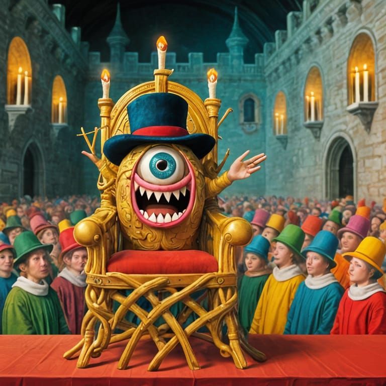 Talking Hat with Mouth on Golden Throne in Castle Hall