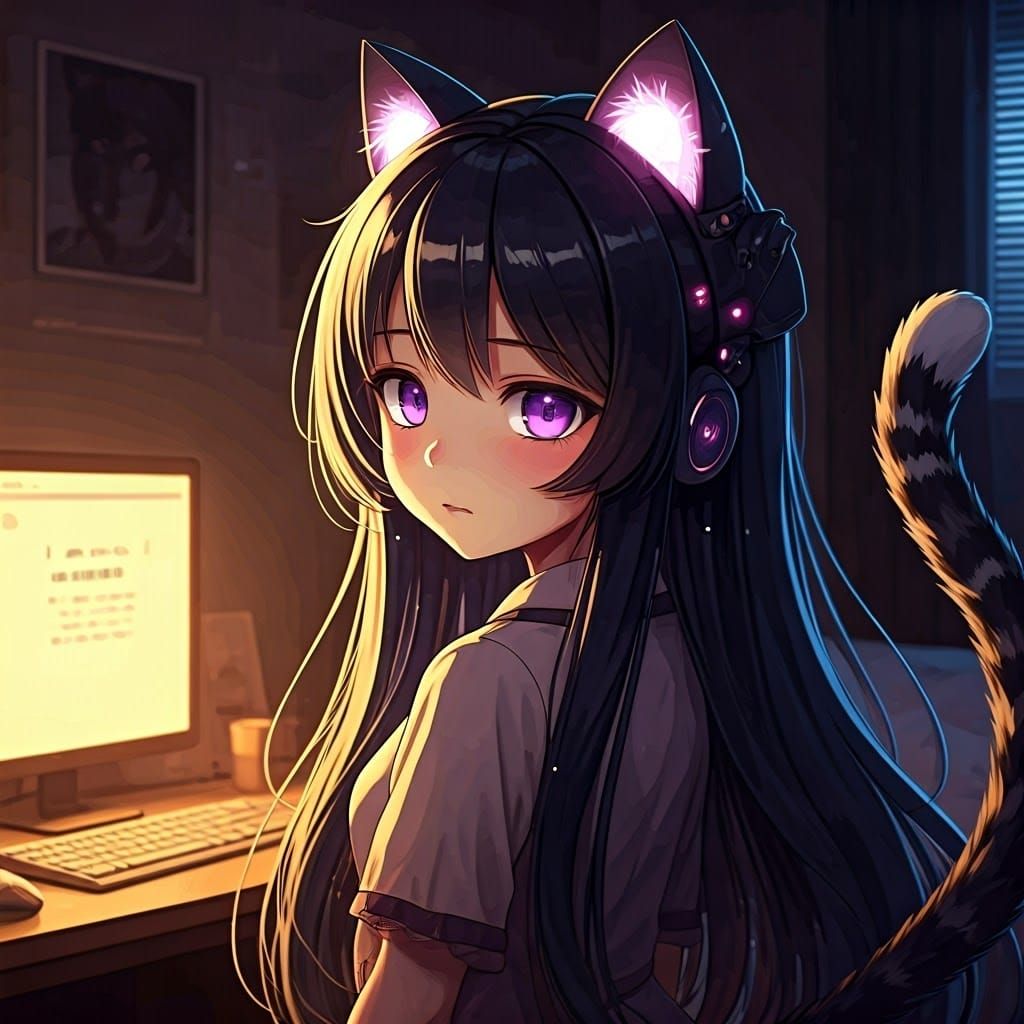 Whimsical Robot Catgirl in Soft Golden Light