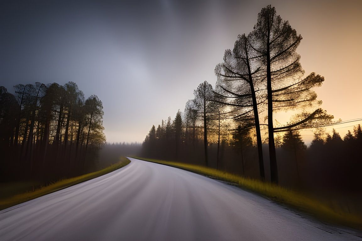 Ominous Sunrise on Forest Path in Photorealistic Style