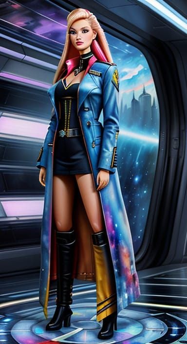 Cyberpunk Starfleet Barbie Portrait in Vibrant Watercolor St...