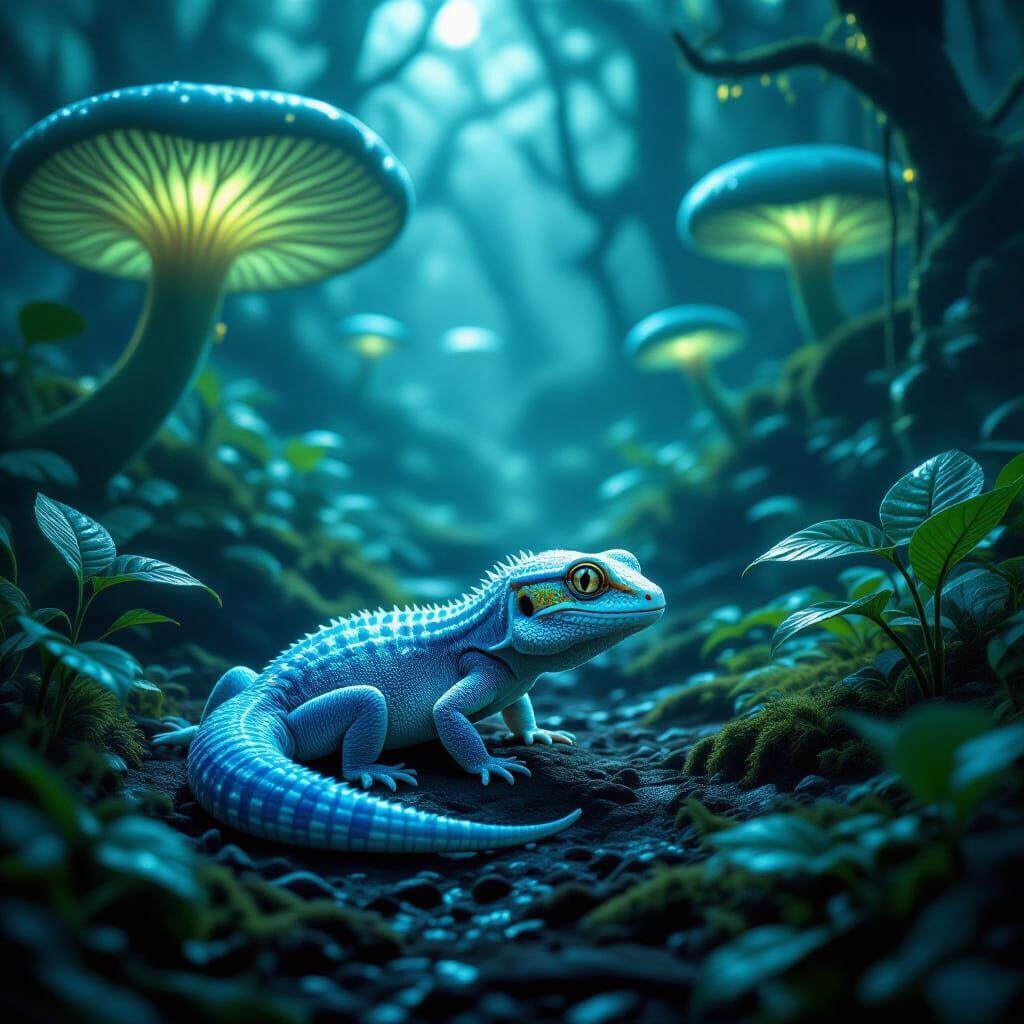 Bioluminescent Gecko in Surreal Alien Forest