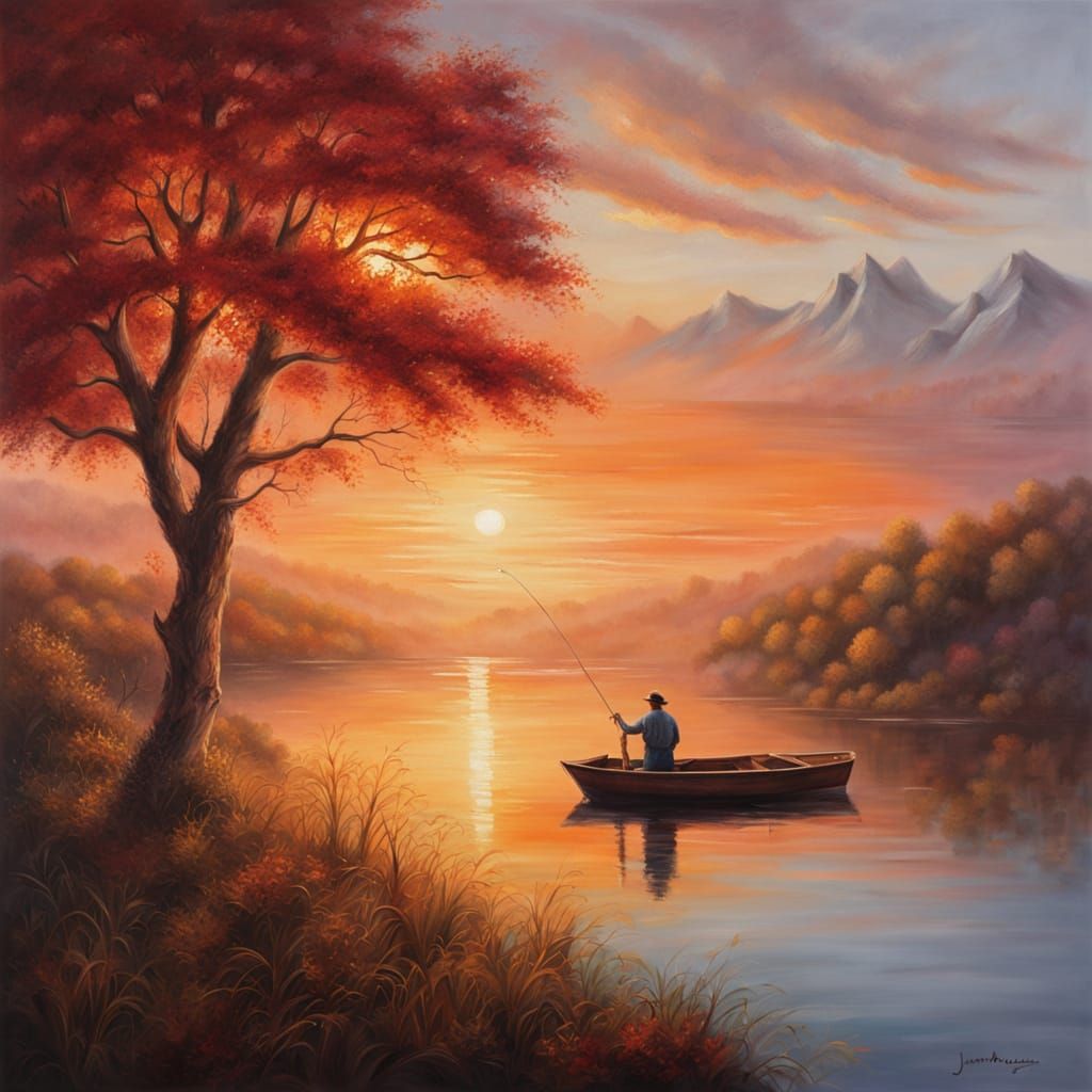 Idyllic Oil Painting of Peaceful Lake Scene at Sunset