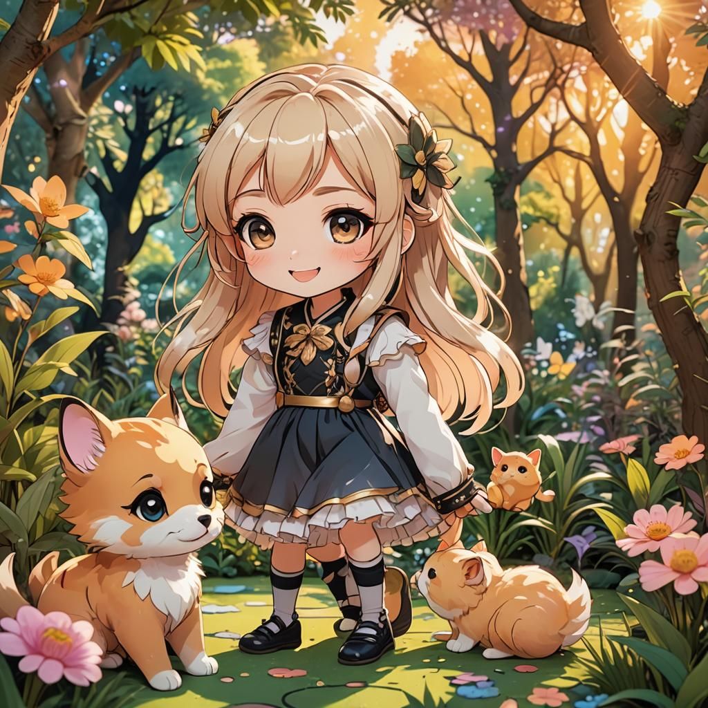 Chibi Girl with Pet in Anime Garden