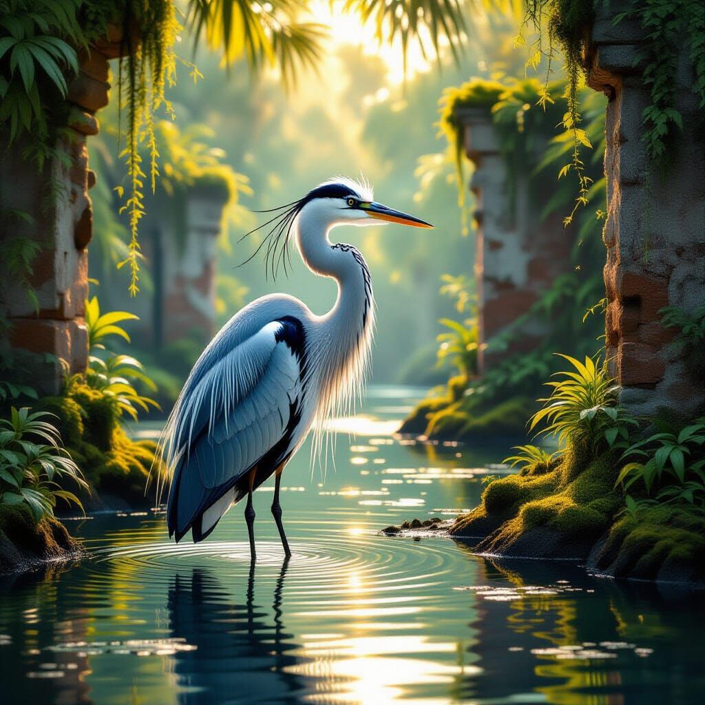 Majestic Heron in Mysterious Lagoon Amidst Ancient Ruins