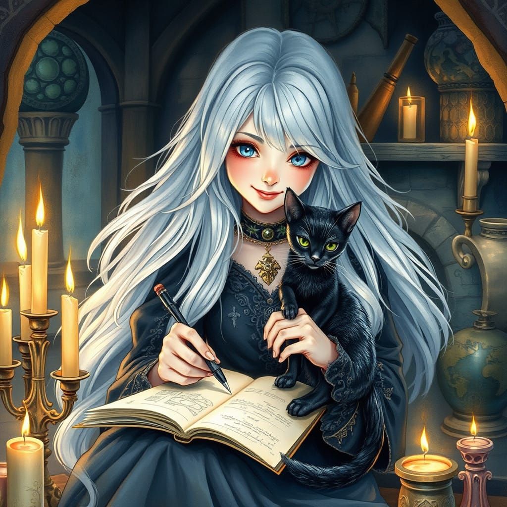 Witch Enchants with Mystical Cat in Cozy Chamber