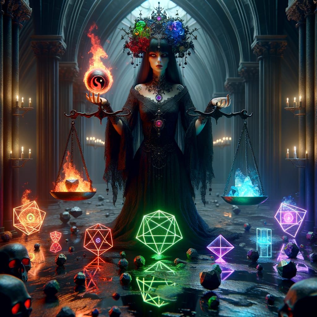 Gothic Witch Empress with Balancing Scale in 8k