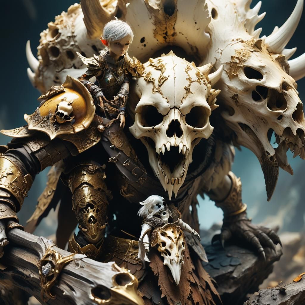 Dark Fantasy Pixie Warrior on a Bleached Bear Skull