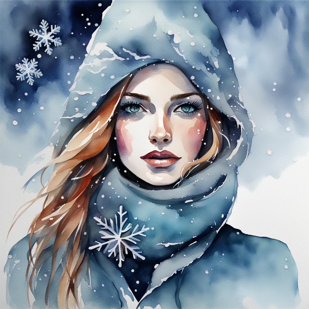 Icy Woman in Winter Wonderland Watercolor