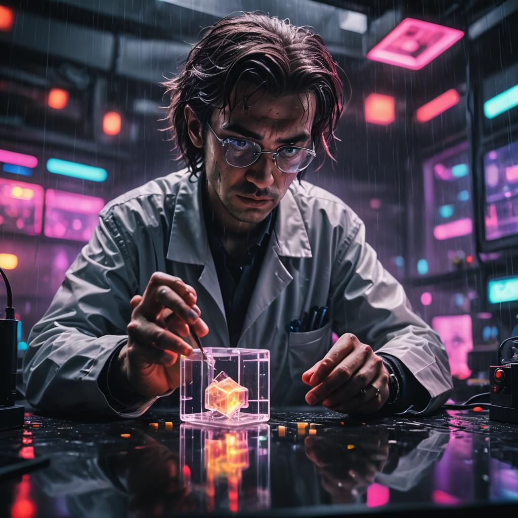 Troubled Scientist in Neon Cyberpunk Lab