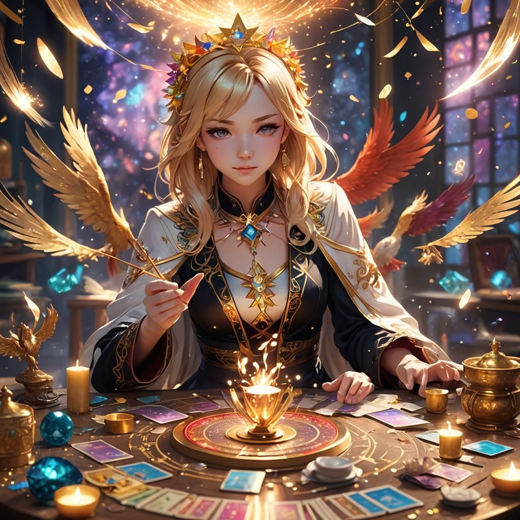 Blonde Tarot Reader Celebration in Vibrant Anime Style