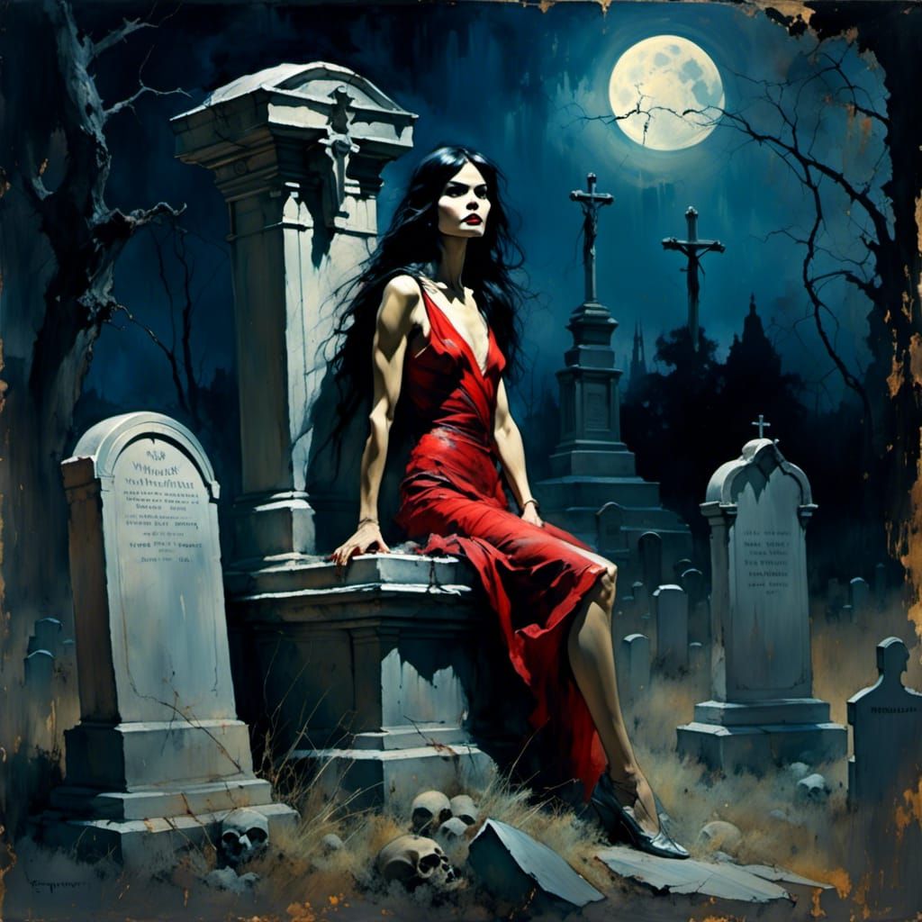 Vampirella in Graveyard as Impressionistic Oil Painting