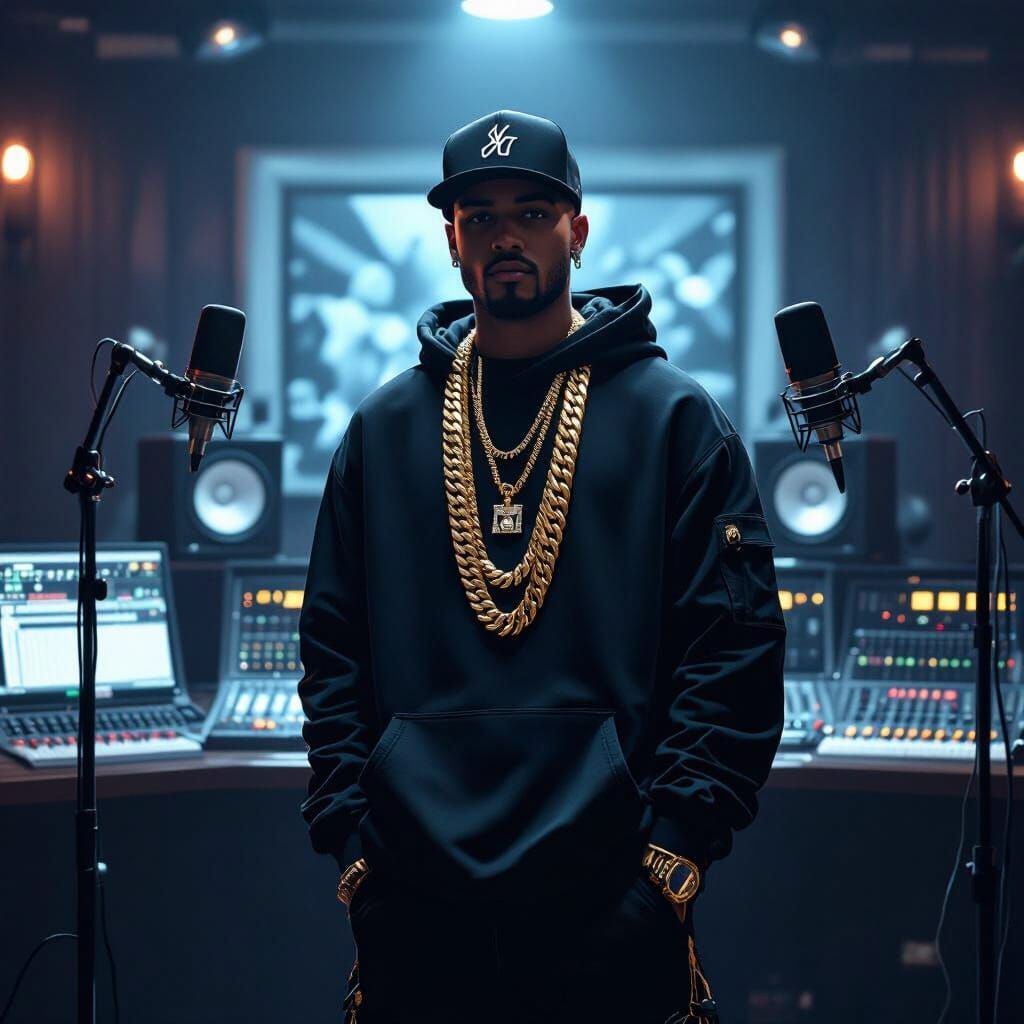 Confident Young Rapper in Dimly Lit Recording Studio