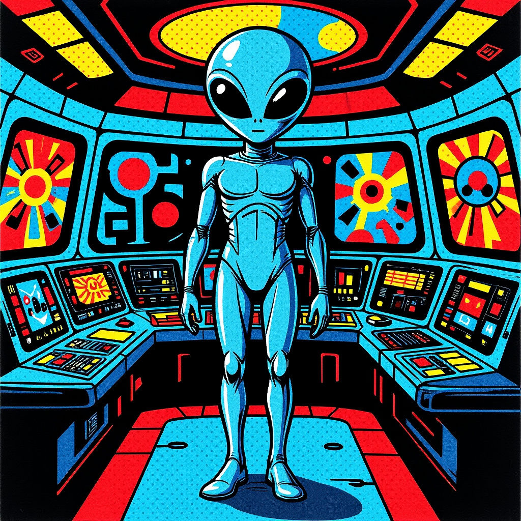 Gray Alien on Spaceship Bridge in Pop Art Style