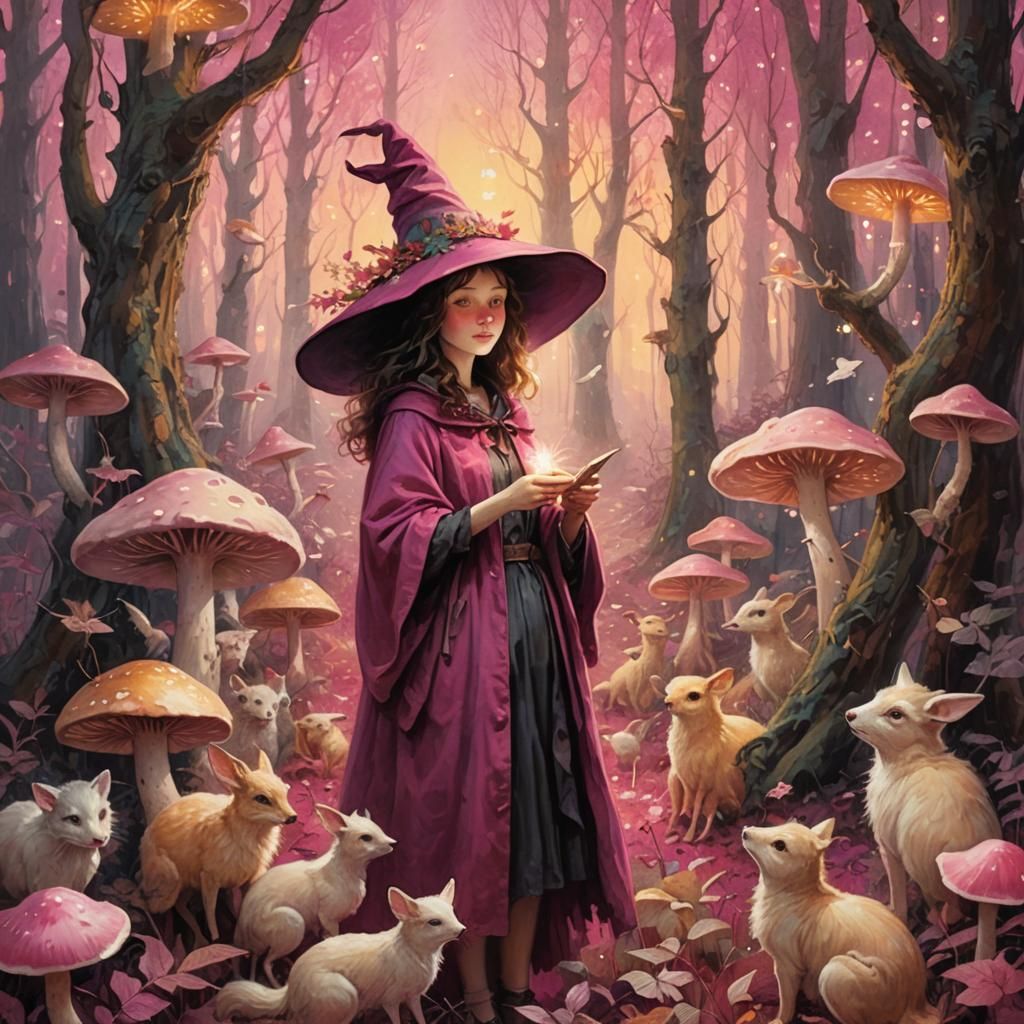 Whimsical Witch in Magenta Forest, Impressionism Style