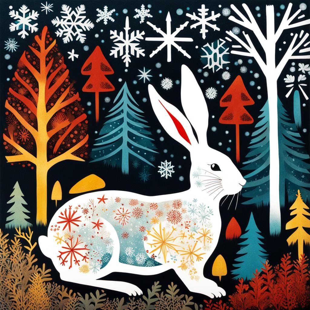 Rabbit in Snowy Forest: Cyanotype Style