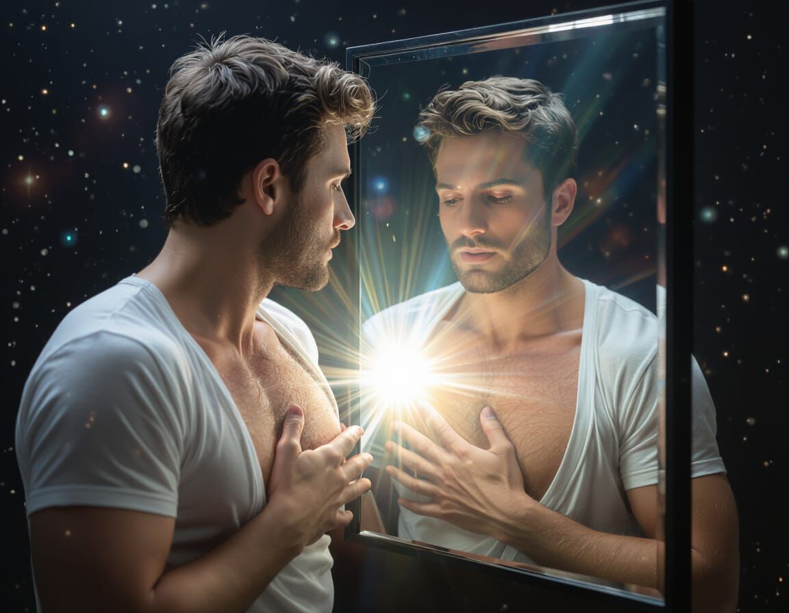 Man Gazes Into Mirror, Light Emanates From Chest