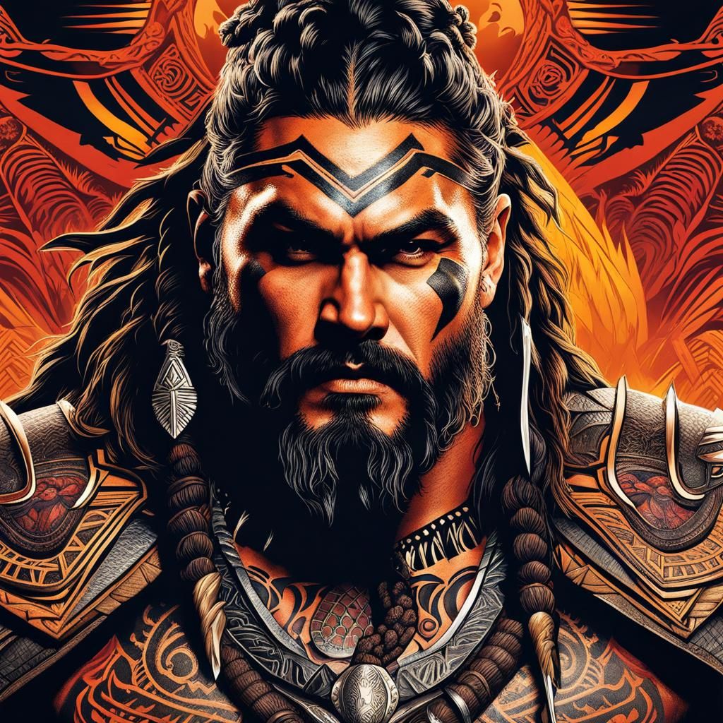 Concept of Jason Mamoa as a Maori Monster Hunter, monster ta...